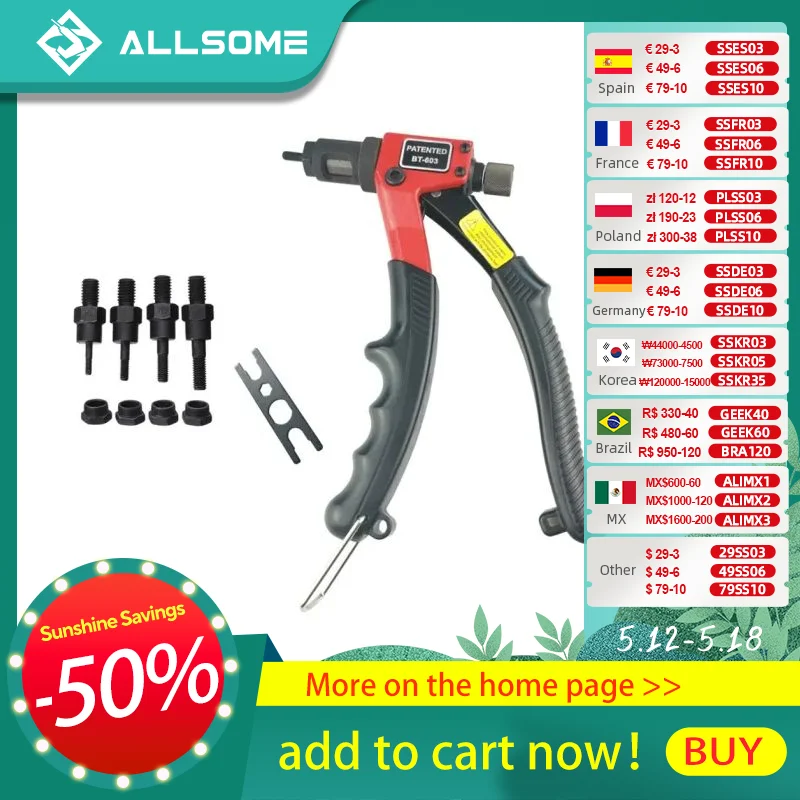 

ALLSOME BT-603 Manual Riveter Gun Hand Rivet Tool Kit Rivet Nut Setting Tool Nut Setter M3/M4/M5/M6