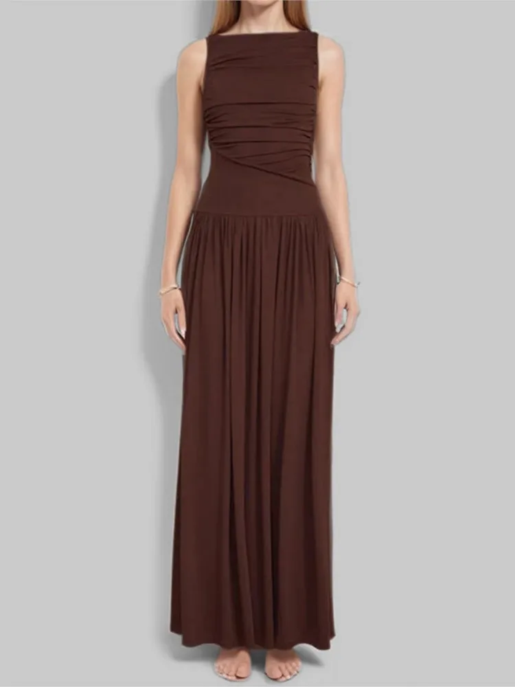 

2025 Summer Elegant Sleeveless Maxi Dresses For Women Fashion Solid Boat Neck Tank Dresses Ladies Sexy Folds Long Dress New Gown