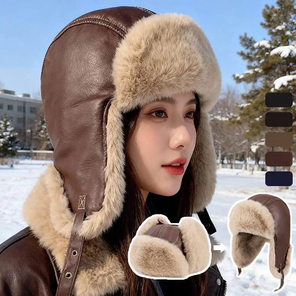 

Зимняя лыжная шапка-ушанка с плюшевой подкладкой, пилотная шапка из искусственного меха, кожаная снежная шапка, толстая ветрозащитная теплая шапка с защитой ушей, крутая шапка Lei Feng