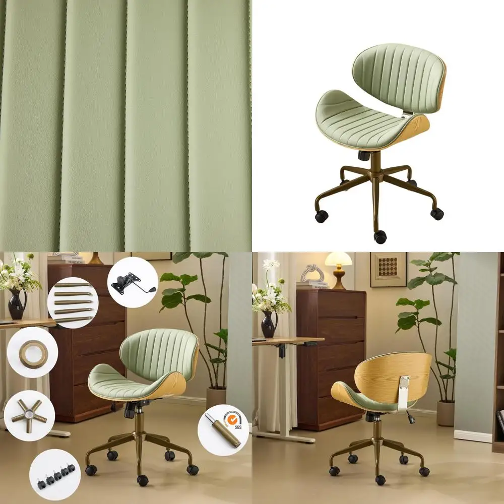

Ergonomic Swivel Office Chair with Wood-Textured Curved Back, Green PU Leather, Adjustable Height for Comfortable Desk Use