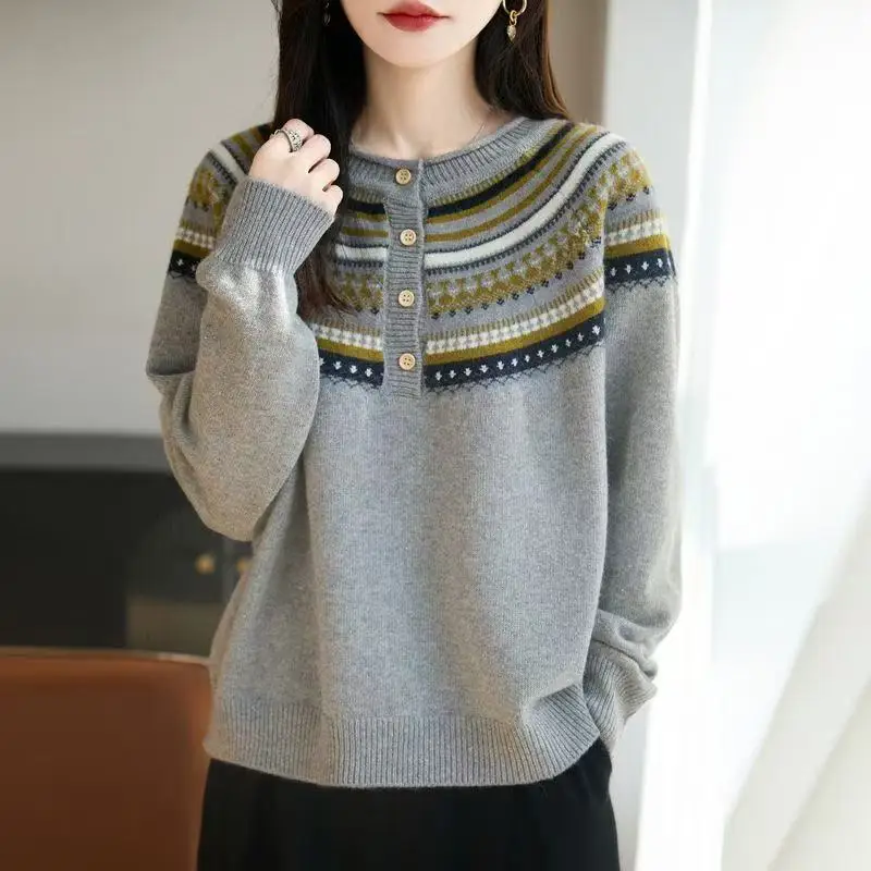 Ethnic Style Semi-open Neck Sweater Retro Jacquard Geometric Sweater Autumn Winter Loose Pullover Long Sleeve Casual Lazy Tops