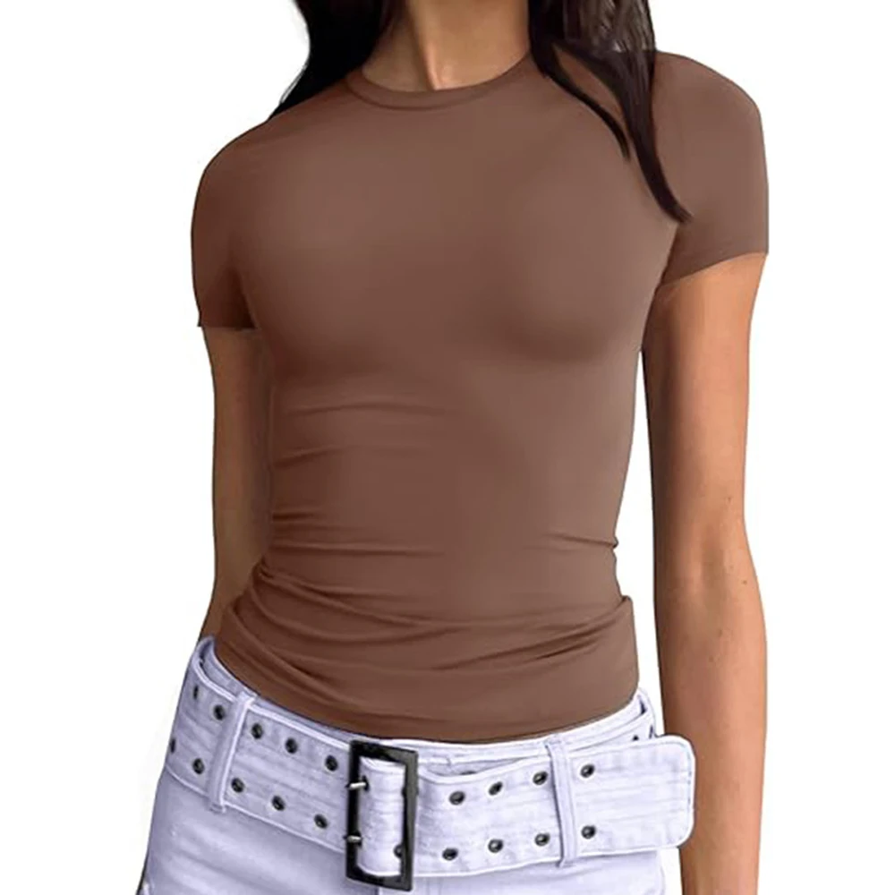 Solid Color Round Neck Short Sleeve Pullover Top For Women Casual Daily Vacation Holiday Club Wear Ladies T Shirt Blouse