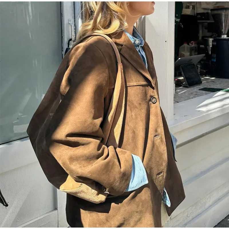 Vintage Brown Suede Leather Jacket Women Autumn Fashion Single Breasted Lapel Loose Blazer Coats Street Office Lady Outerwears