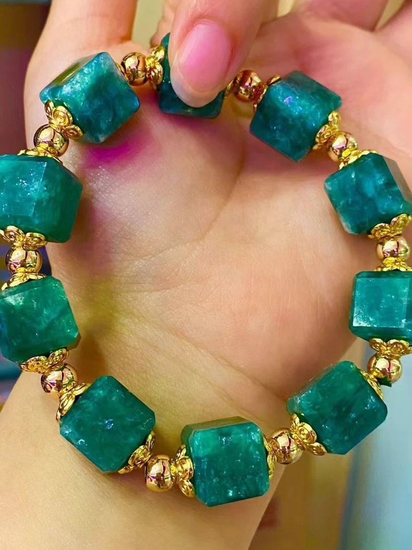 

Natural Green Emerald Cube Beads Bracelet 11.5mm Women Rarest Qinglong Green Emerald Jewelry AAAAAAA