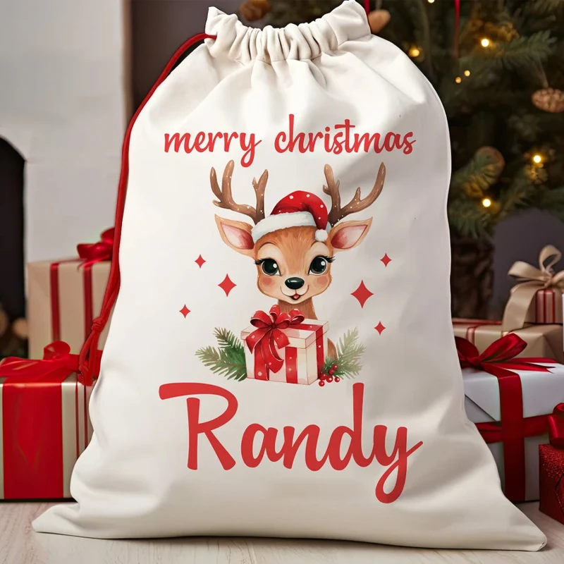 

Personalized Name Reindeer Merry Christmas Drawstring Gift Bag Custom Santa Sack for Kids Xmas Home Party Decoration Accessories