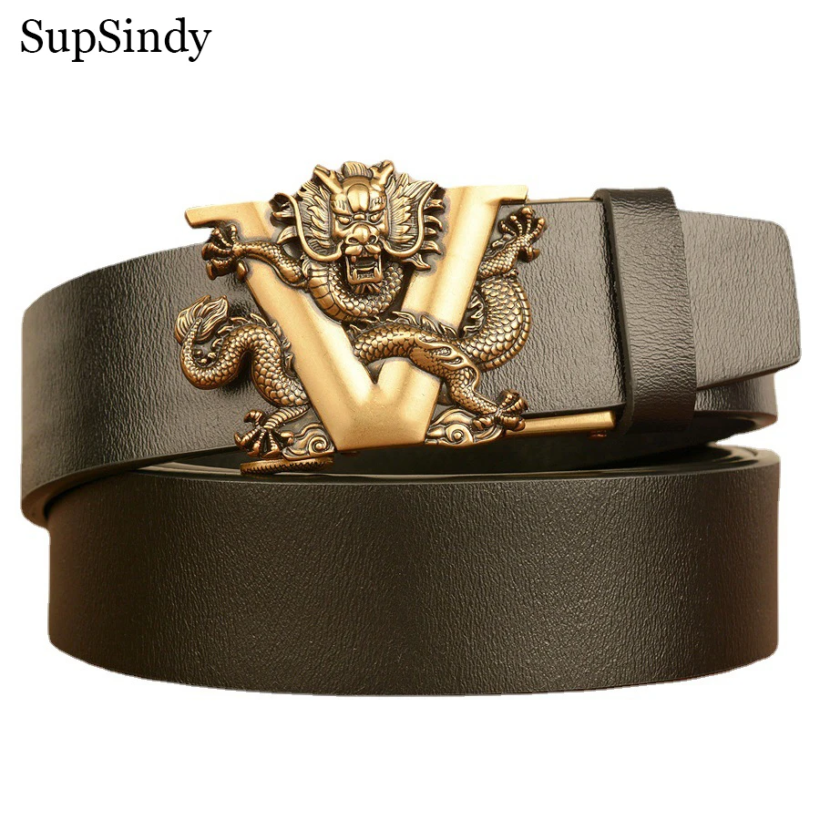 

SupSindy New Men Genuine Leather Belt Luxury Gold Dragon Metal Automatic Buckle Cowhide Belts for Men Jeans Waistband Male Strap