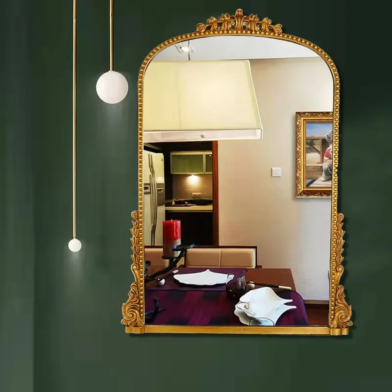 French Retro Arched LED Smart Bathroom Mirror Luxury European Carved Vanity Wall Mounted Decorative Lighted Mirror for Home