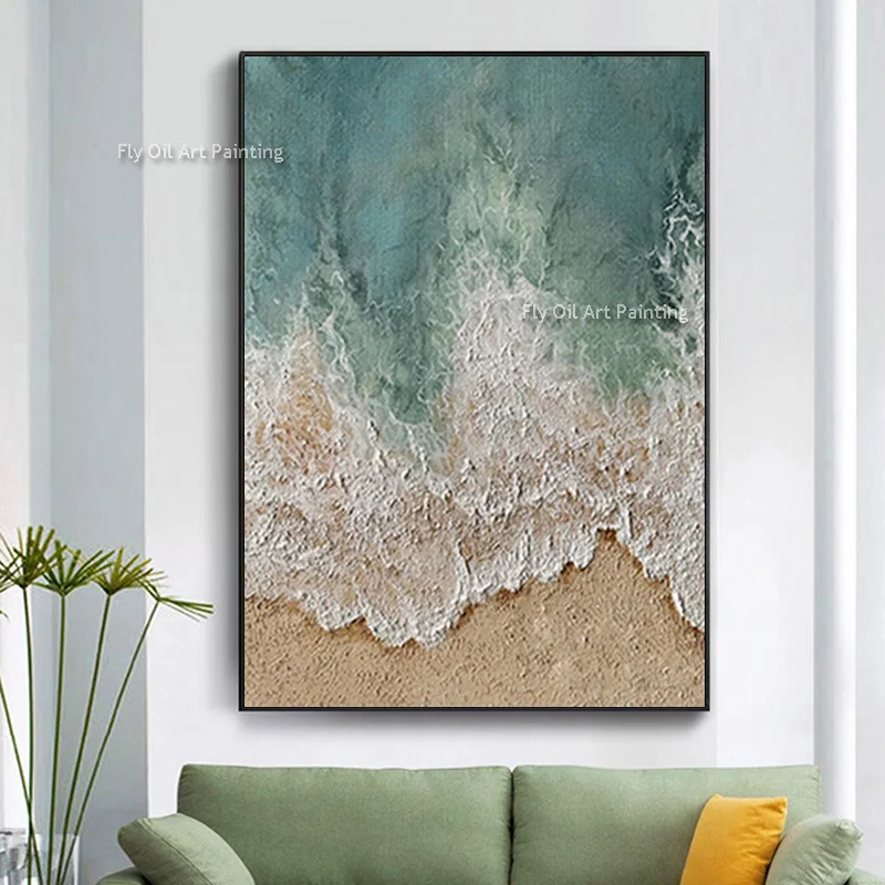 

Large Textured Coastal Wall Art Handmade Green Beach Oil Painting Abstract Sea Ocean Acrylic Painting Beach Canvas Wall Decor