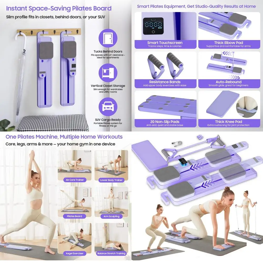Tabla de Pilates Reformer con Bandas de Resistencia, Ejercicio de Cuerpo Completo para Mujeres, Fortalece el Core, Abdominales, Flexiones, Glúteos, Piernas, LED T
