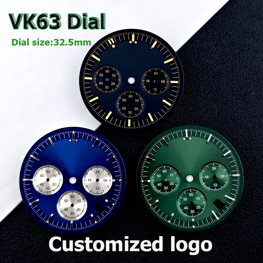 Nouveau cadran VK63 pour hommes, 32.5mm, logo personnalisé, cadran panda, cadran lumineux vert, adapté aux accessoires de montre à mouvement VK63
