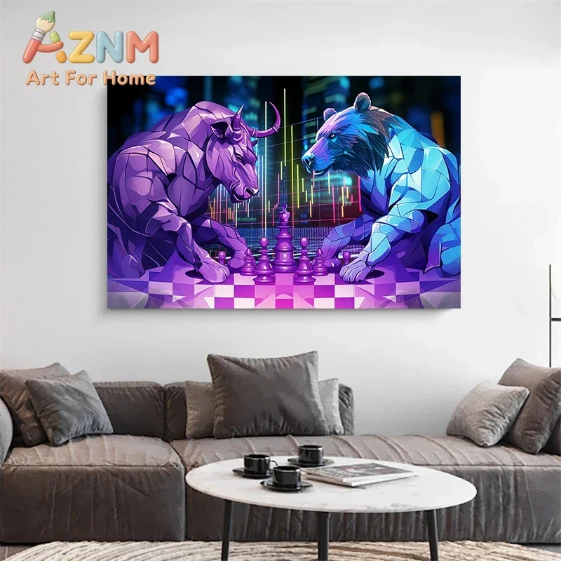 AZNM Bull And Bear Stock Market Chess Canvas Wall Art, Trendy Geometric Animal Print for Office Study Room Wall Decoration