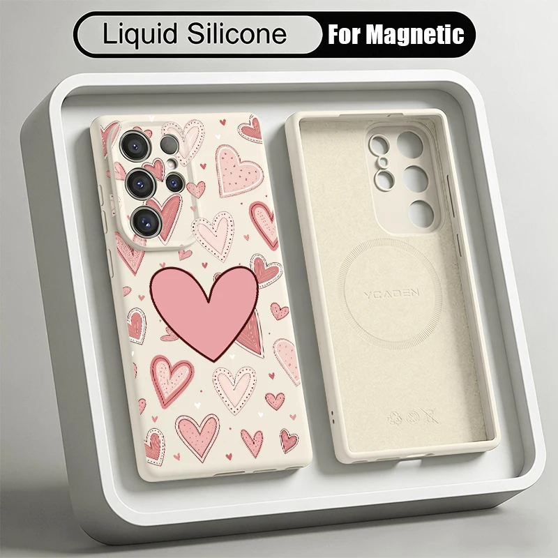Liquid Silicone Magnetic Cute Hearts Pattern Phone Case For Samsung Galaxy S26 S25 S24 S23 S22 Ultra Plus For Magsafe Soft Cover