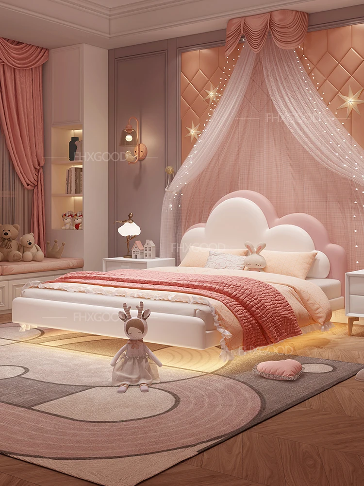 

Pink children's bed girl princess bed 1.35 meters leather suspended bed online celebrity dream girl 1.5 meters cloud bed.