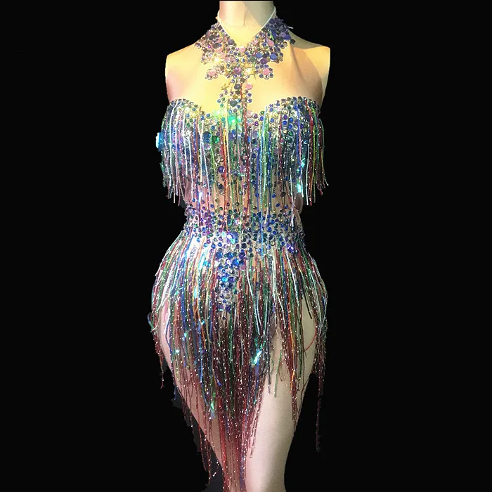 Body con flecos de colores para mujer, traje de baile de escenario con diamantes de imitación, leotardo brillante para espectáculo de cantante, club nocturno