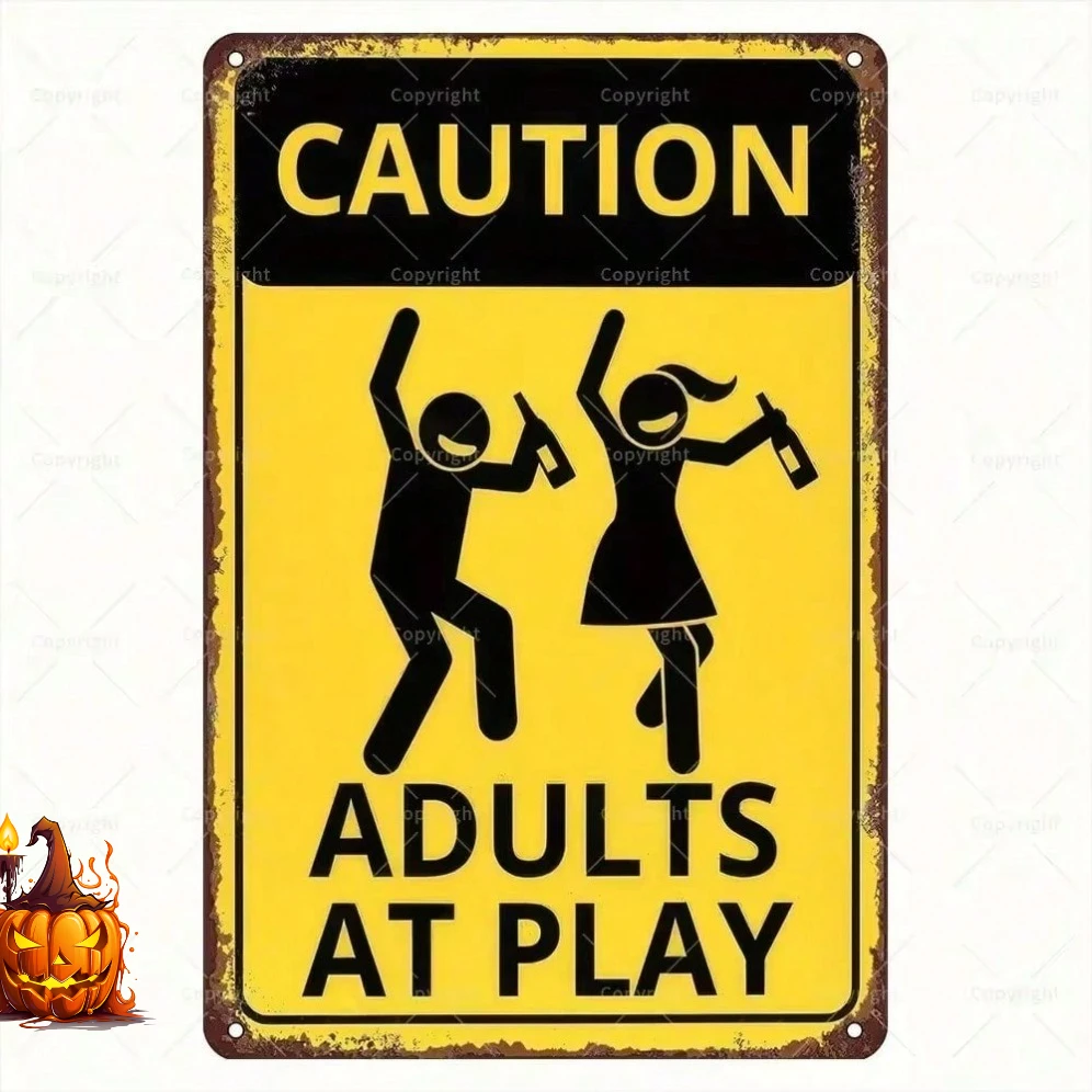 

Vintage "Caution Adults At Play" Round Metal Sign Humorous Wall Art for Bar Man Cave Party Decor