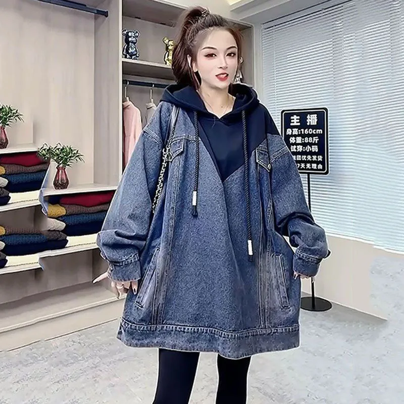 Oversized Female Hooded Denim Coat Spliced Pullover Hoodie Spring Autumn Loose Casual Long Motorcycle Jacket Fashion Womens Wear