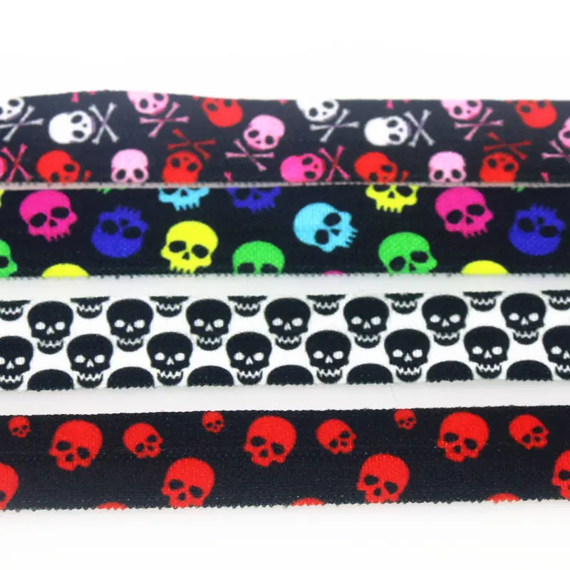 DHK 5/8'' 50yards Skull Printed Fold Elastic FOE Stretch Ribbon Hairbow Accessories Craft DIY Sewing S1807