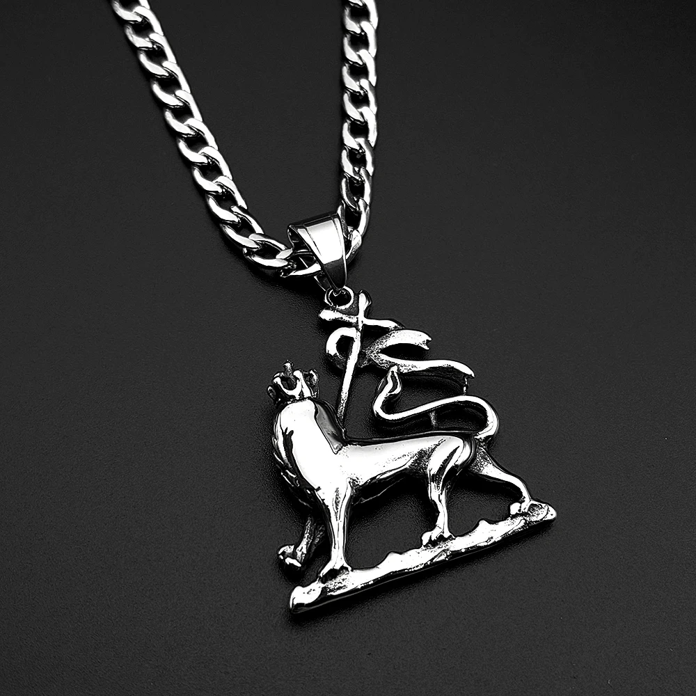 Vintage The Lion of Judah Pendant Necklace for Women Men Silver Color Stainless Steel Ethiopia Crown Lion Chain Jewelry Gift