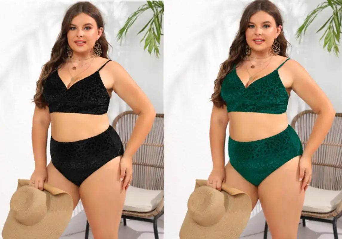 

Plus Size Bikini Set Adjustable Tie Straps Supportive Padded Top High Waist Bottom Swimwear Women Beach Vacation Modest Coverage