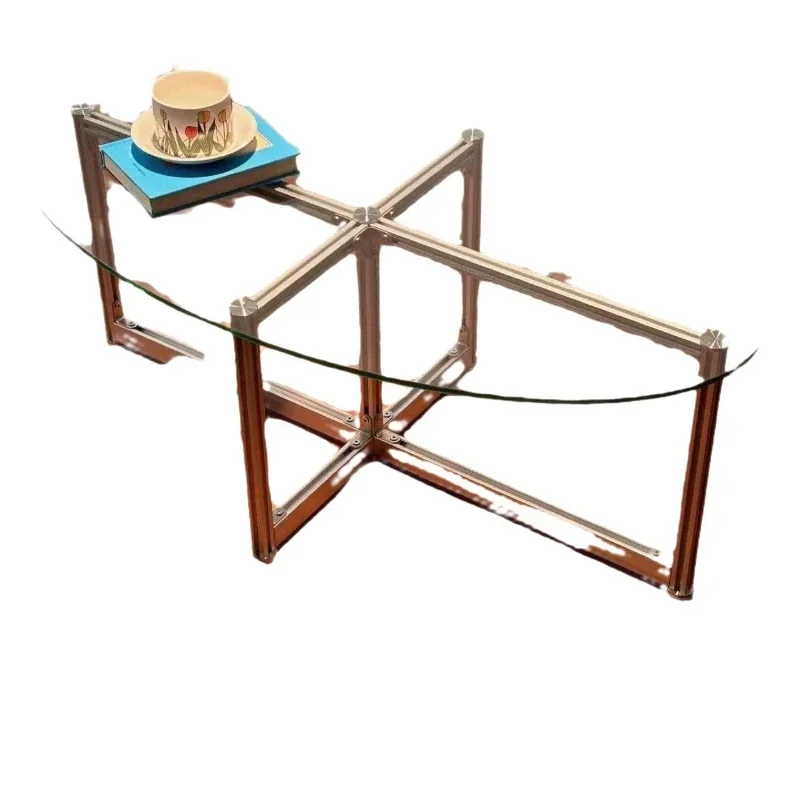 Nordic retro tempered glass coffee table oval modern simple home Bauhaus small apartment aluminum frame table
