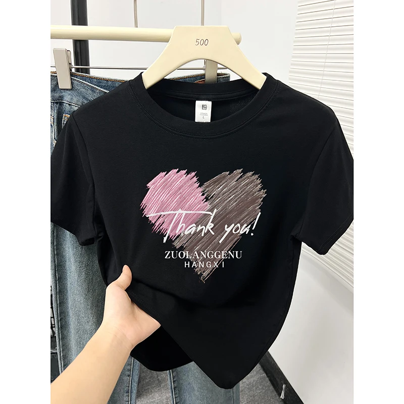 Korean Style round Neck Short Sleeve T-Shirt Women's Fashion Heart Print Top Small Size Commute Style Cotton Blend Summer