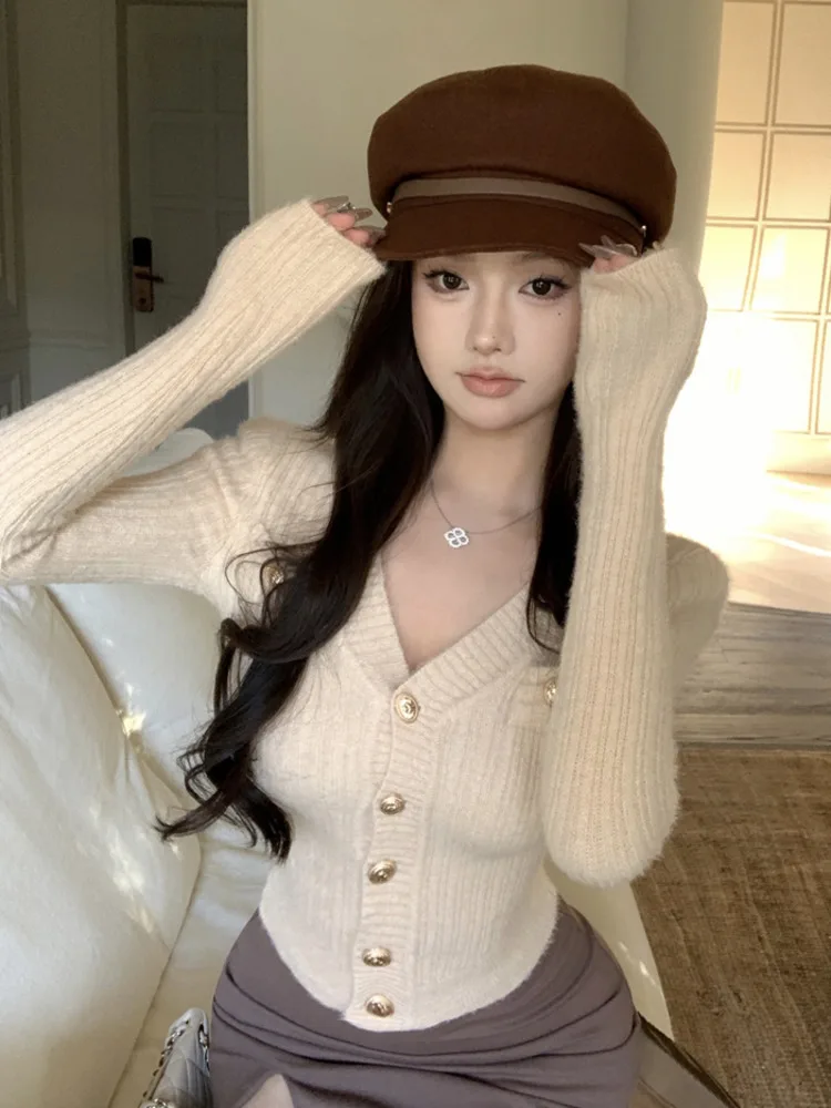 Elegant Long Sleeve V-neck Slim Knitted Cardigan 2024 Spring New Fashion Casual Sweater Coat Korean Spicy Girl Y2k Knitwear Tops