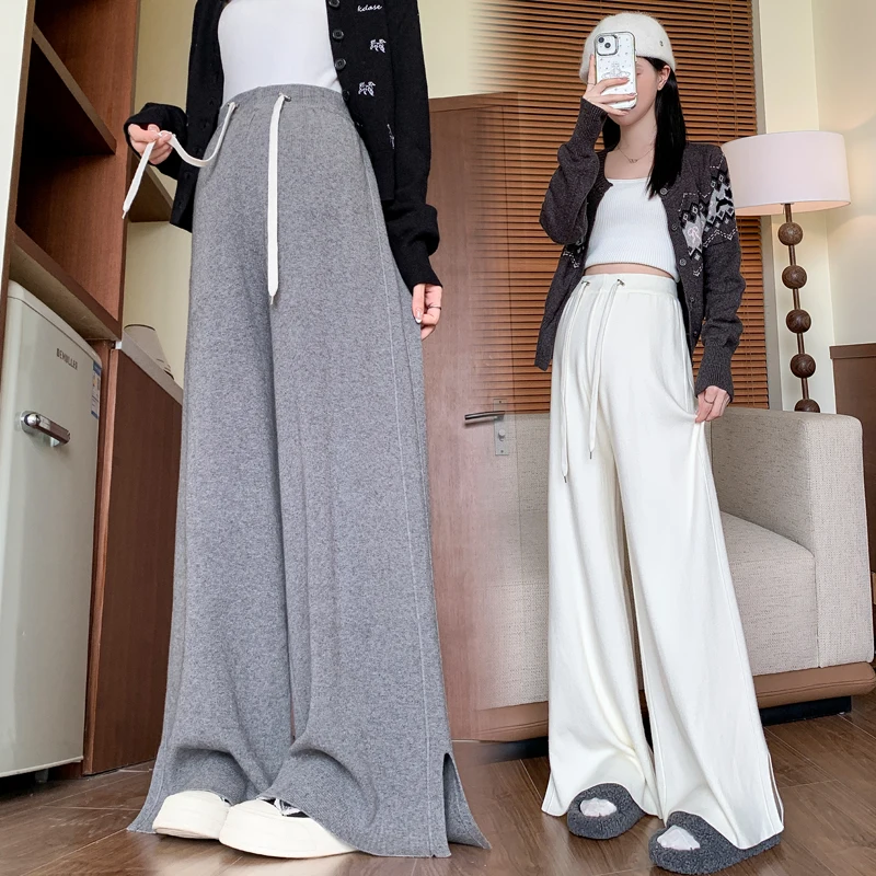 

Maternity Pants Autumn/Winter Knitted Soft Draping Wide-Leg Trousers Casual Slit Non-Waistband Floor-Length Pregnancy Women