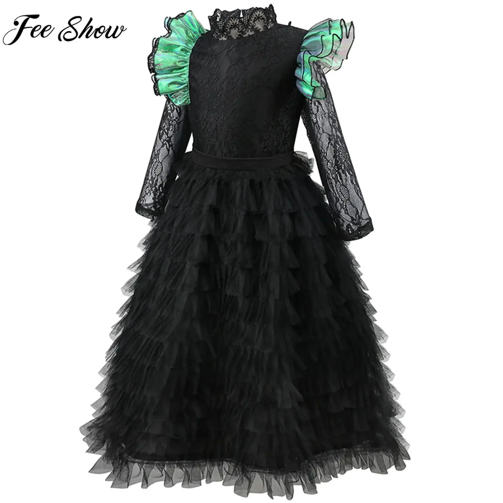 

Детский карнавальный костюм на Хэллоуин для девочек, волшебная плохая ведьма, Эльфаба, карнавальный костюм для выступлений, кружевное платье-пачка на молнии с длинными рукавами и накидкой