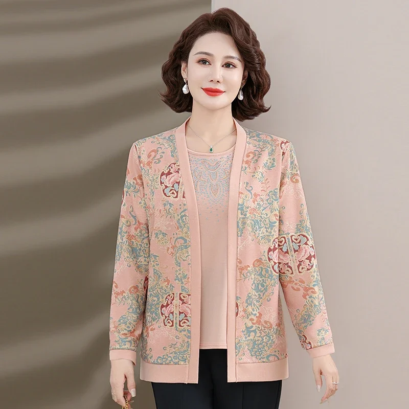 Elegant Middle Aged Women Two Piece Outfit Vintage Floral Knit Cardigan Set Spring Autumn Mature Ladies Clothes