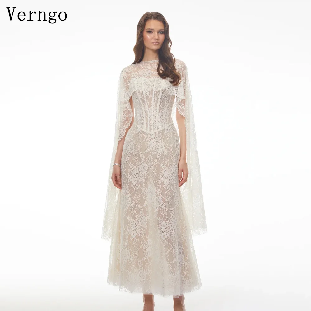Verngo Luxury Lace Evening Dress O Neck 2 Pics Bone Ankle A Line Prom Gowns Dubai Arabia Party Gown Customized