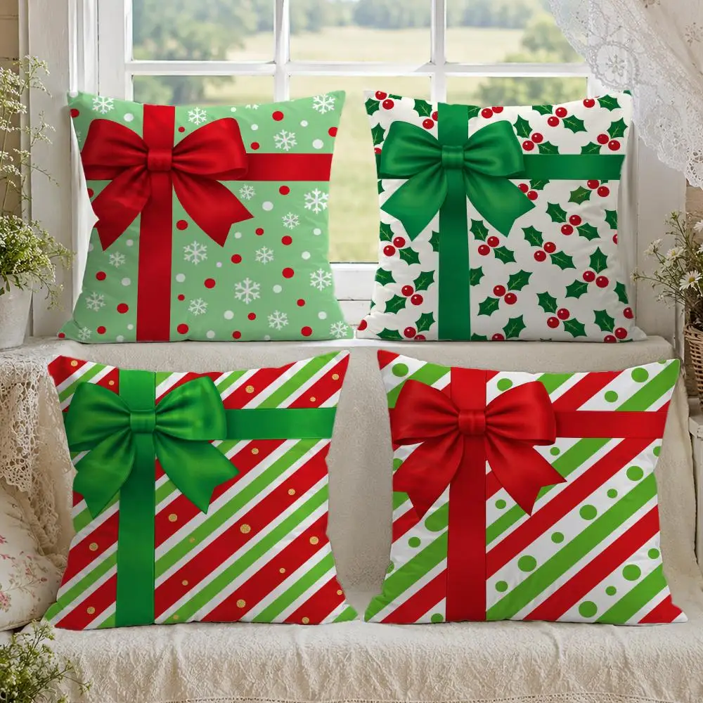 Christmas Geometric Gift Box Bow Cushion Cover 1/4PCS Linen Sofa Couch Bedroom Living Room Home Decor Pillow Case