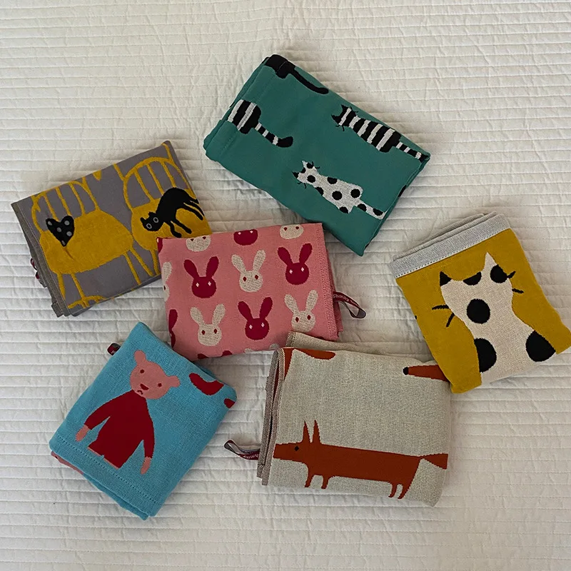 Kawaii Small Animal Three-layer Cotton Gauze Square Towel Cartoon Soft Absorbent Wash Face Towels with Hook Bib for Women Child