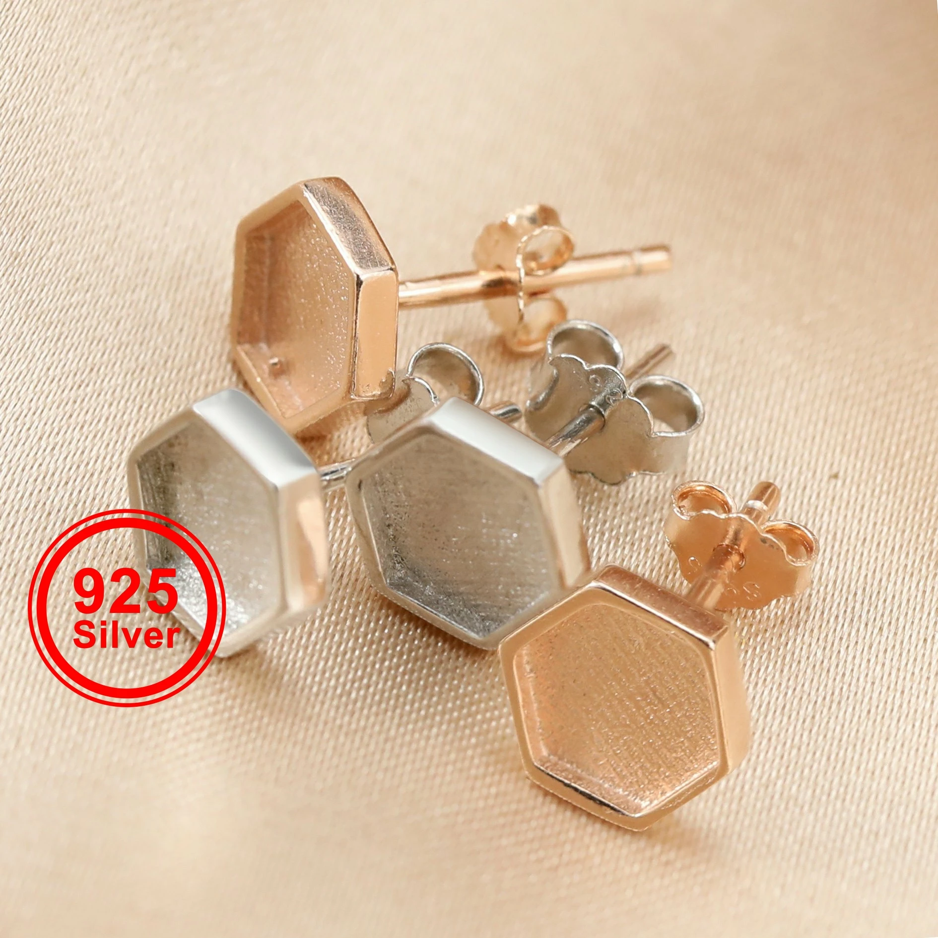 Keepsake Breast Milk Resin 6.5MM Hexagon Earrings Blank Settings Rose Gold Plate Solid 925 Sterling Silver Studs Earring 1706081