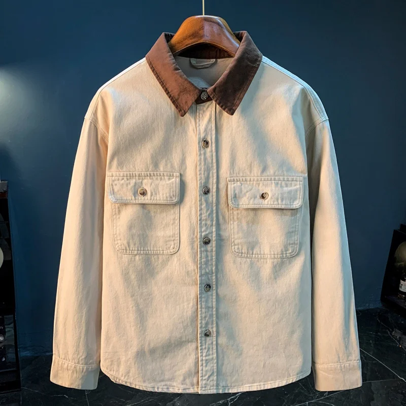 خريف جديد قميص سترة الرجال ملابس العمل الرجعية فضفاضة قميص زائد حجم اللون منعت طوق الملابس #6