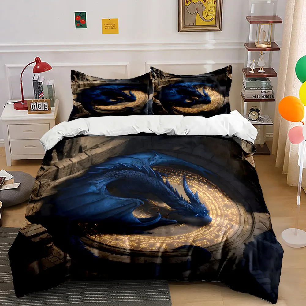 3pcs Blue dragon coiled on glowing runes Pattern Duvet Cover Set Digital Print Colorful Polyester Bedding with Zipper Closur