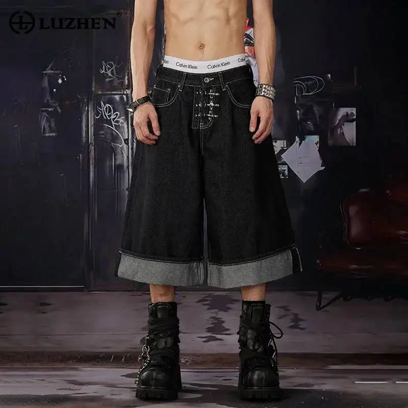LUZHEN 2026 New Metal Buckle Buttoned Placket Splicing Leg Straight Jeans Shorts Men's Fashion Street Denim Cropped Pants JY7678