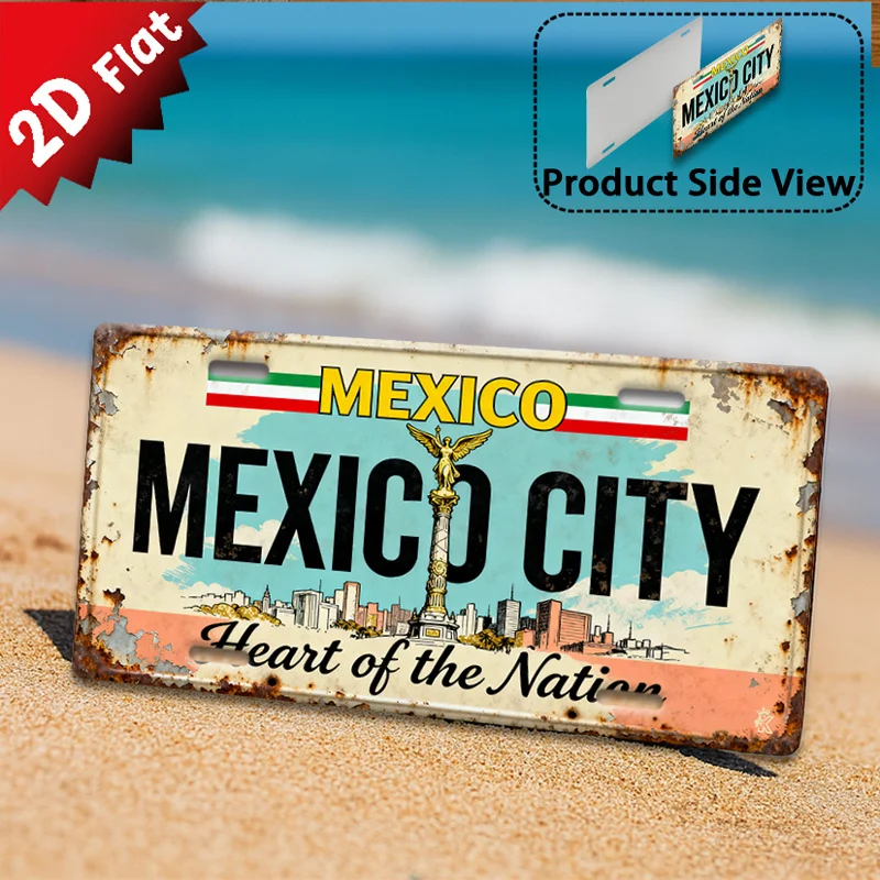 2D Flat - 1 Mexico City Metal Sign | Vintage Aluminum Wall Decoration, 29.97 x 14.99 cm, Capital Landmark Theme, Office and Bar