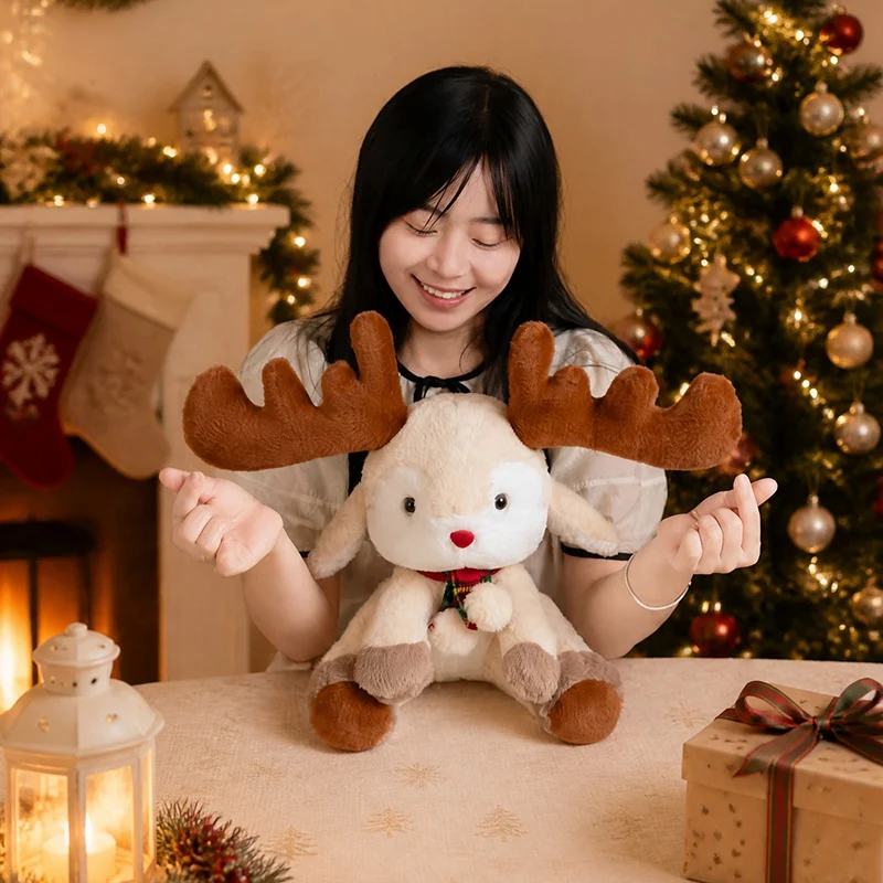 Lovely Pretty Cute Christmas Reindeer Plush Soft Stuffed Toy Antler Rabbit Doll With Red Green Scarf For Kids Holiday Present