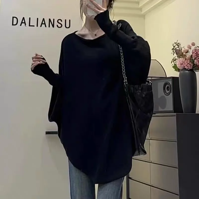 Maglione con scollo a V stile pigro 2025 - Pullover lavorato a maglia con maniche a pipistrello, top dal design asimmetrico invernale, camicetta casual oversize Y2K, goccia