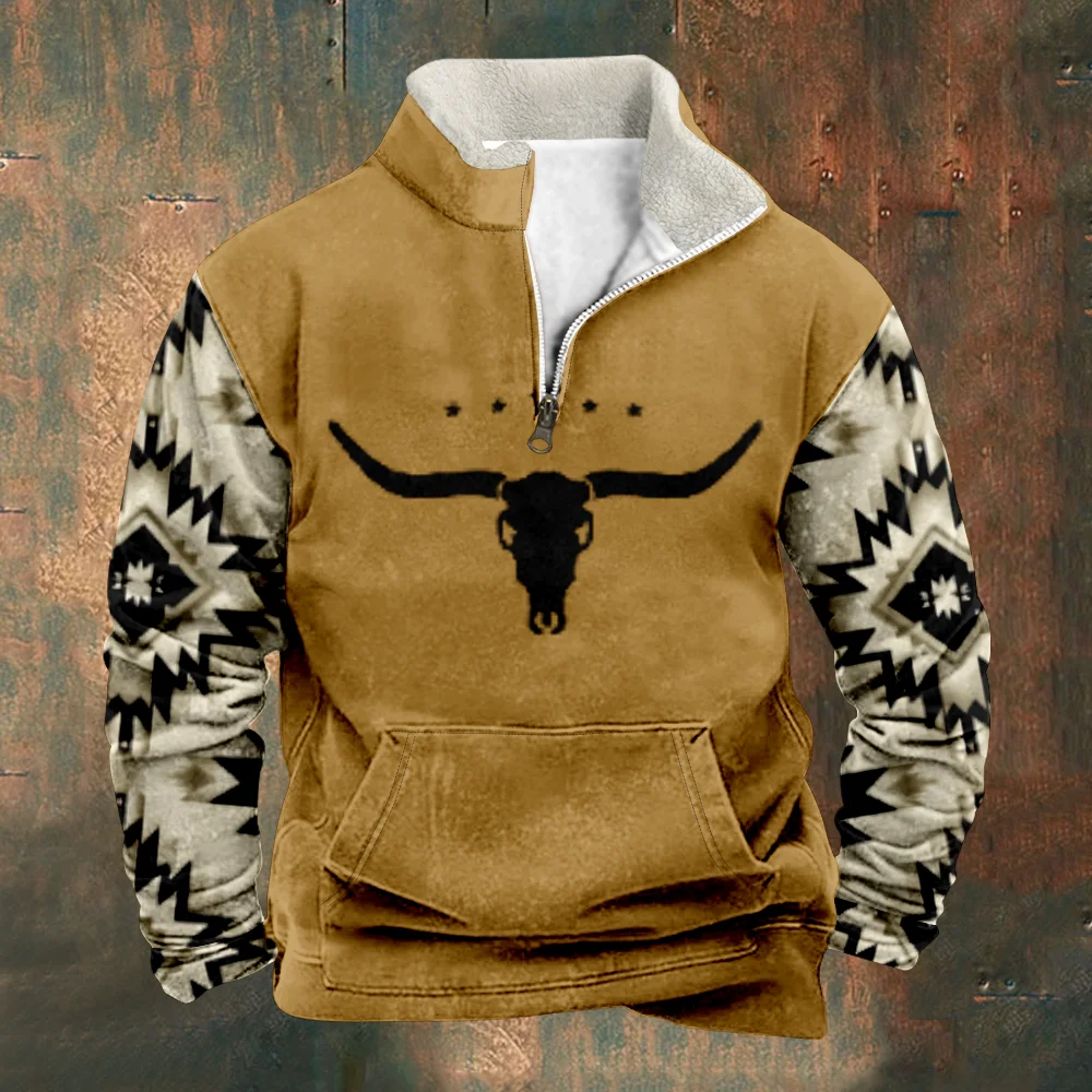 Patchwork Men\'s Hoodie Vintage Graphic Bull Bones Sweatshirts Long Sleeve Stand Collar Zipper Casual Pullovers Sweatshirt