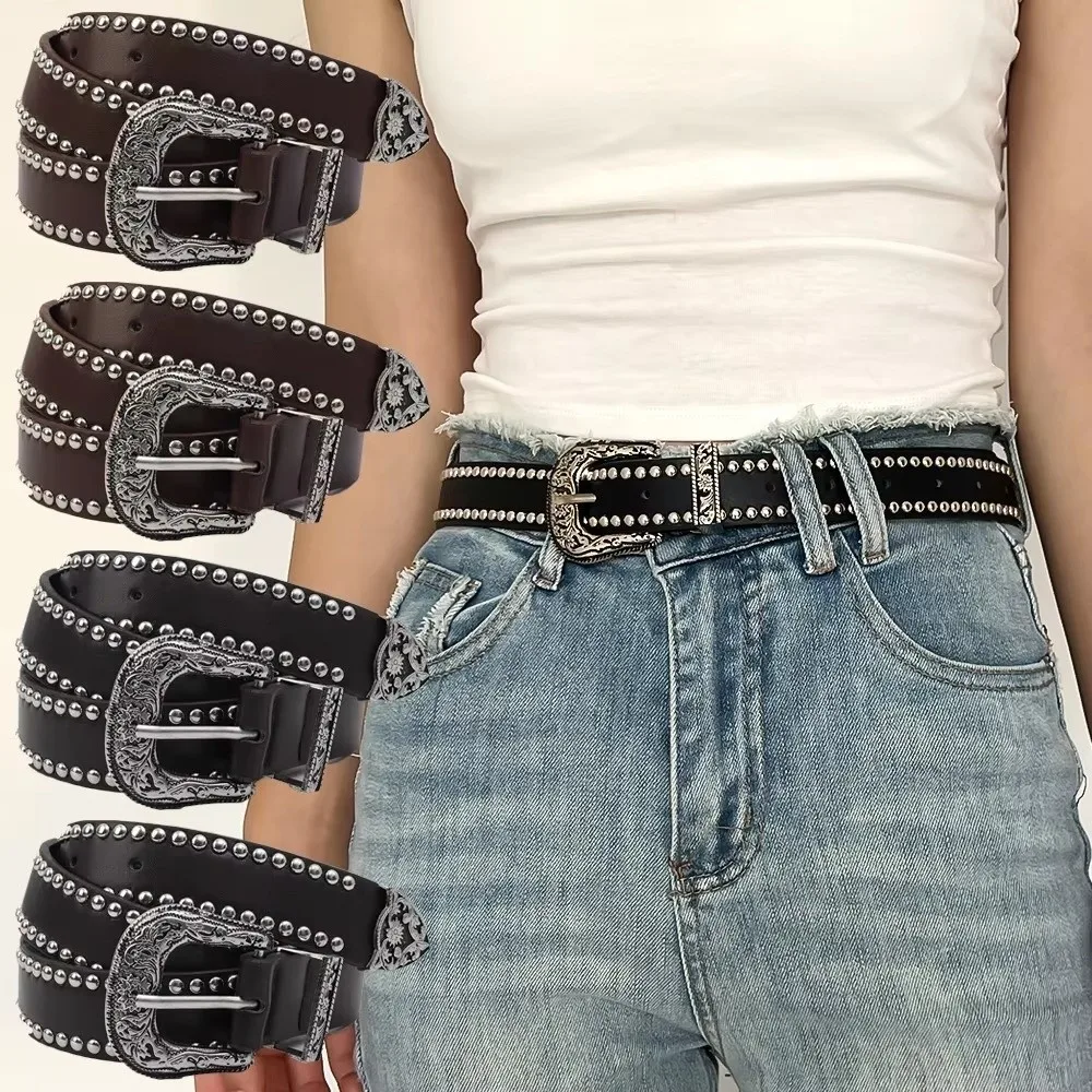

Vintage Y2K Waist Belts PU Leather Carved Needle Buckle Women Gothic Belts Rivet Punk Hip Hop Belt
