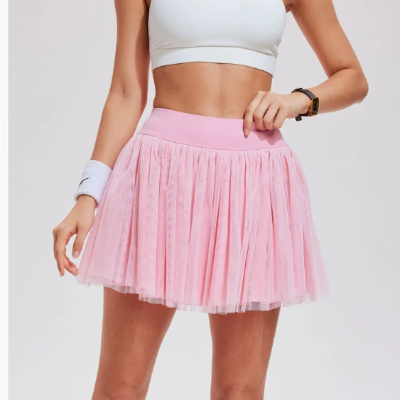 Golf Feather Tennis Sports Skirt Pants Double Layer Mesh Running Fitness Square Dance Half Skirt High Waist Elastic Waist for...