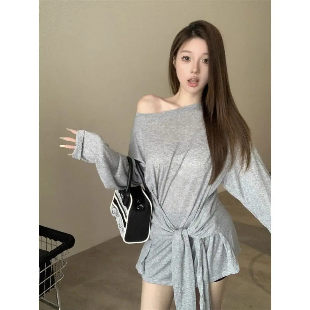 Loose Long Sleeve Women's T-shirt Shoulder Bared Sun Protection Grey Casual Autumn Top Korean Style Pure Color round Neck