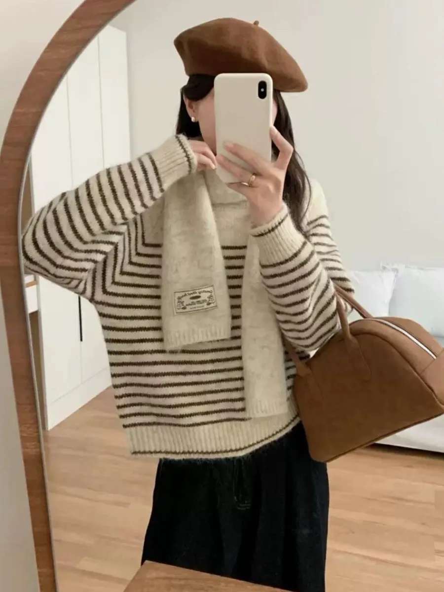 

Мягкий уютный вязаный свитер, женский свободный крой, осень-зима, новый корейский теплый одинаковый шарф, топ