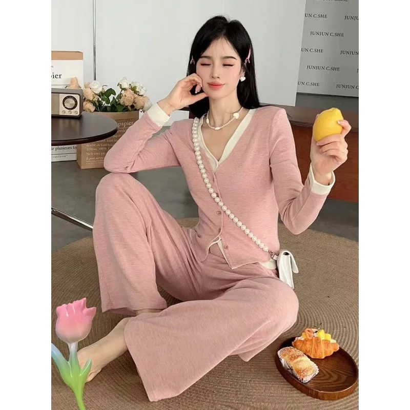 

Women Spring Fall Slim Patchwork Sweatshirts Wide Leg Pant Two Piece Set Lady Sporty Style V-Neck Long Sleeve Tops Trousers Suit