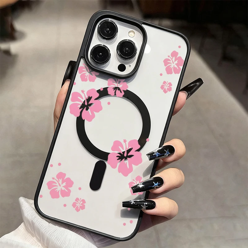 Pink Hibiscus Flower Magnetic Phone Case For iPhone 18 17 Air 18 17 16 15 14 13 12 11 Pro Max 15 16 14 Plus Acrylic Clear Cover
