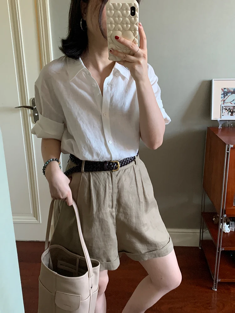 

Женская рубашка с цветочным принтом в стиле Old Money, белая, из 100% льна, с коротким рукавом, повседневная, свободного кроя, тонкая, летняя, из смесового хлопка и льна