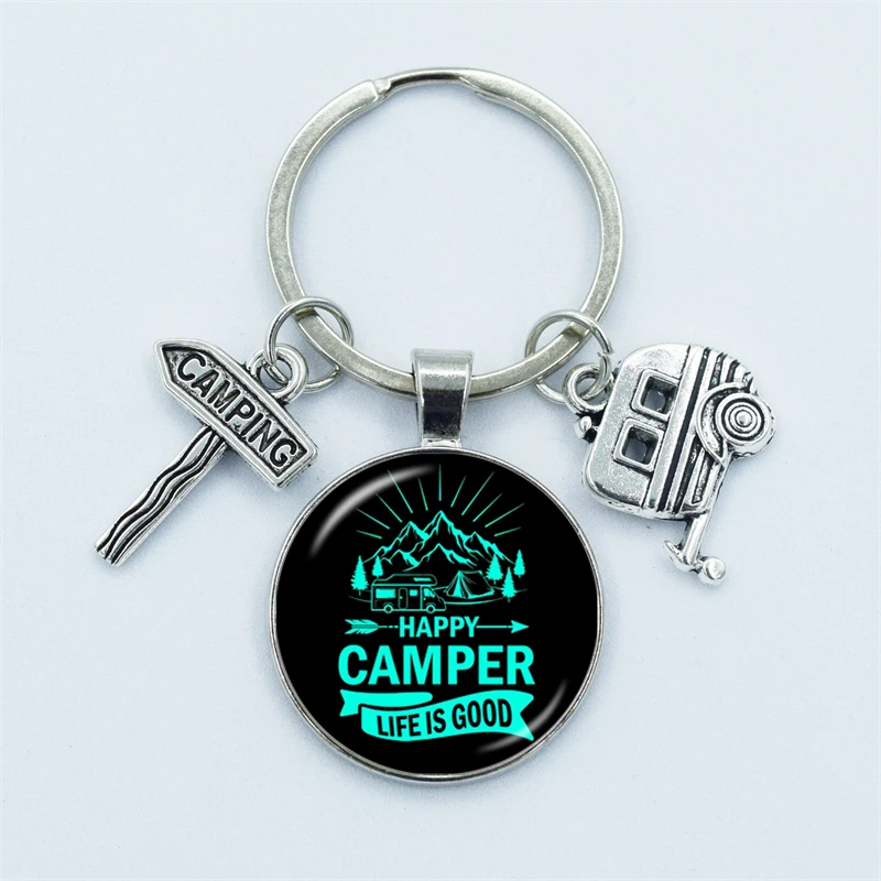 Cute Camper Wagon Keychain, I Love Camping Keychain, Trailer Signpost Keychain, Vacation Travel Memorial Jewelry Gifts