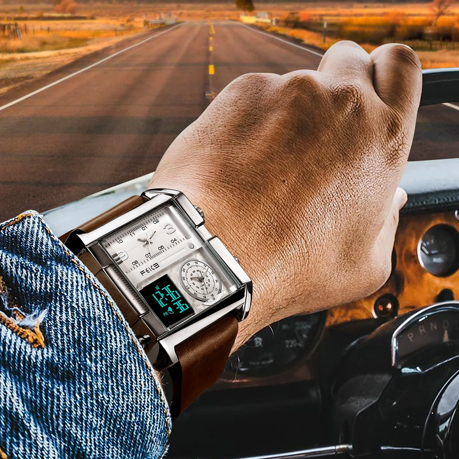 FEICE Watches for Men Big Dial Digital LED Analog Quartz Waterproof Wristwatch Business Men’s Watch Square Leather Band FK030
