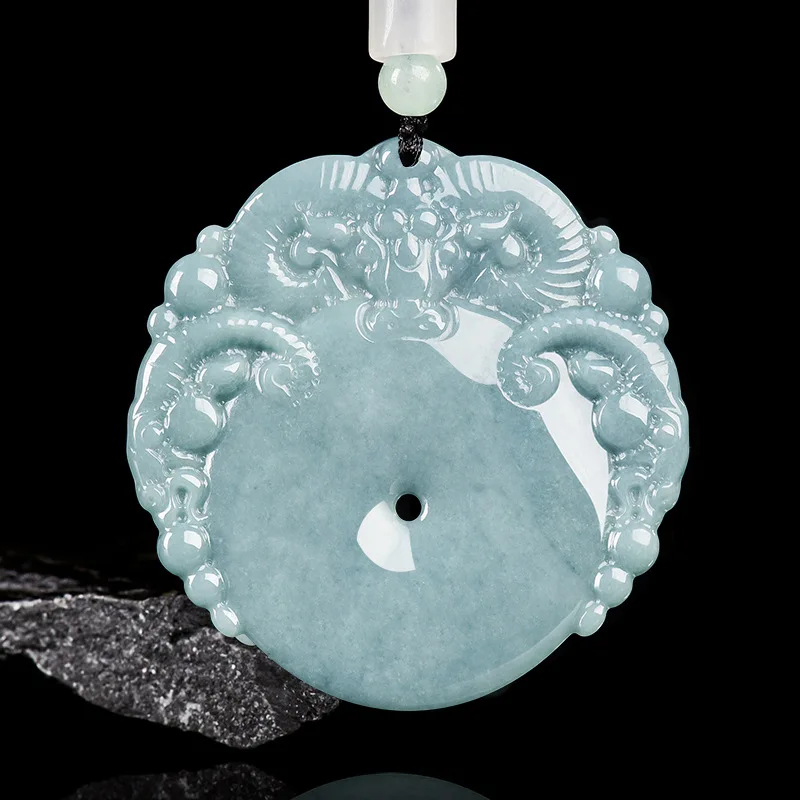 

Natural A-Grade Blue Jadeite Three Goats Pendant, Men's Lucky Fortune with Certificate